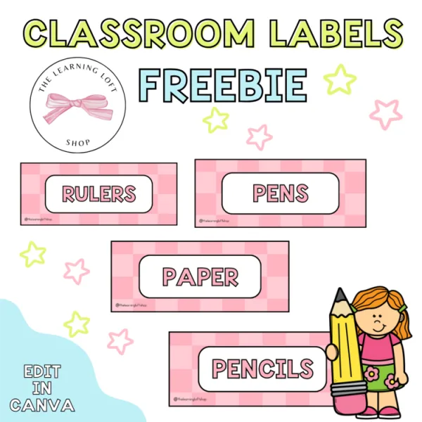Classroom Labels | Freebie | Pink and White | EDITABLE IN CANVA