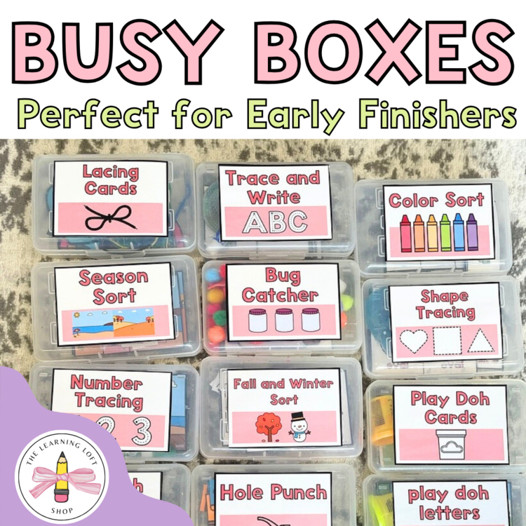 Labeled busy boxes: lacing cards, trace and write, color sort, bug catcher, play doh cards and more