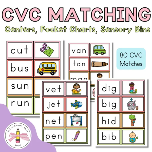CVC Colorful Matching Cards | Pocket Charts, Sensory Bins, Matching Center