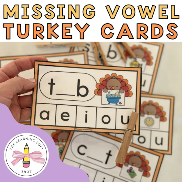 Missing Vowel Turkey Cards | Clip the Vowel | Kindergarten Phonics Centers