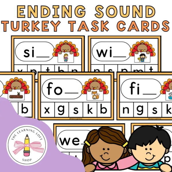 Ending Sound Phonics Task Cards | Turkey Themed | Kindergarten Reading