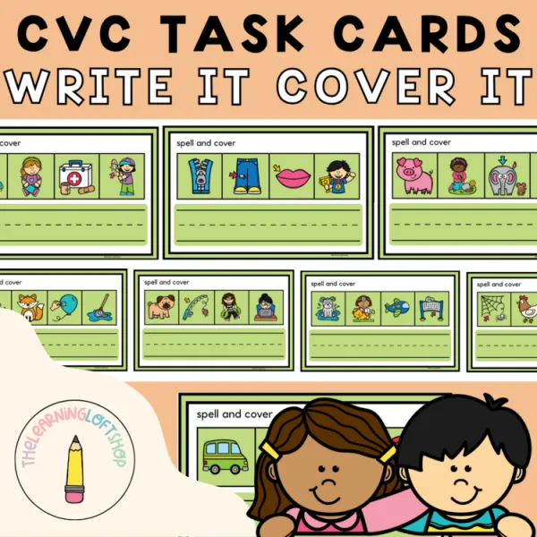 CVC Task Cards | Spell it Cover it task cards | Kindergarten Phonics