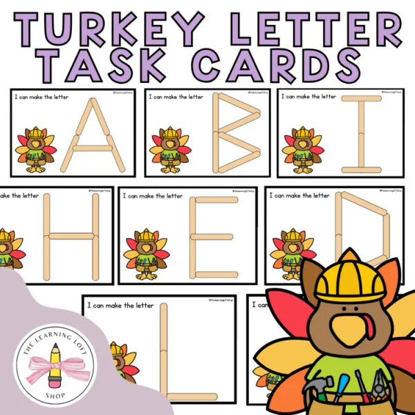 Letter Building Task Cards Turkey Themed | Kindergarten Centers | Thanksgiving