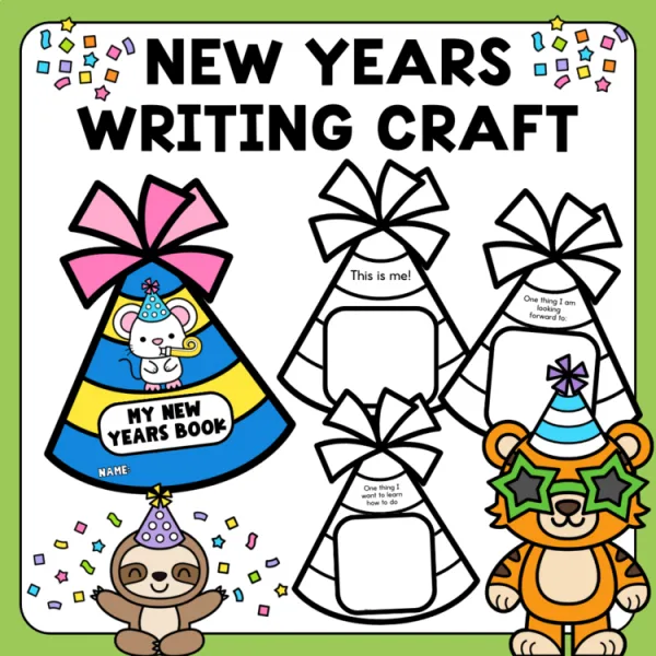 New Years Party Hat Book | K-2 New Years Writing Activty | Kindergarten