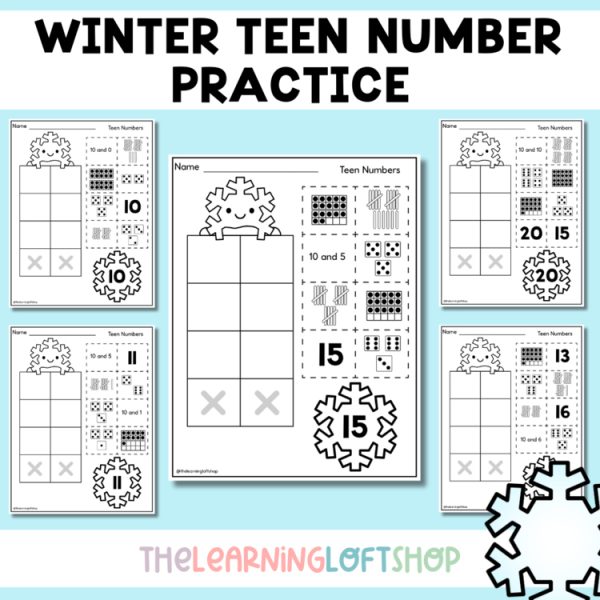 Teen Number Practice Winter | Kindegarten Math | Teen Number Center NO PREP