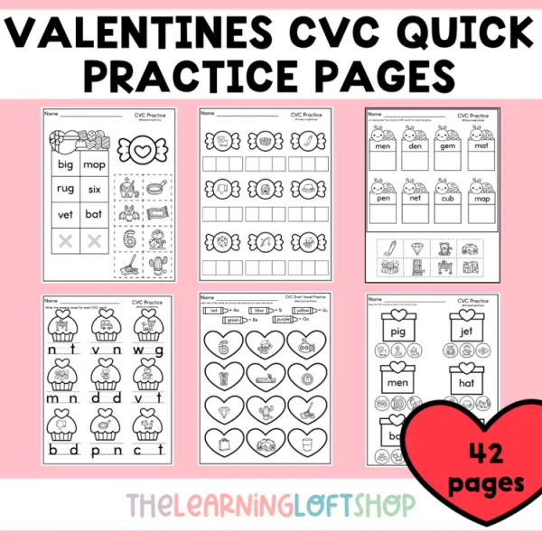 Valentines CVC quick practice pages | Kindergarten CVC skills  NO PREP