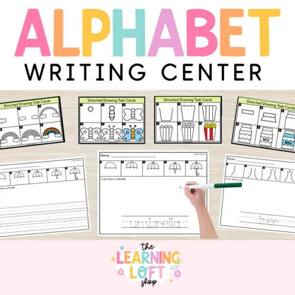 Kindergarten Alphabet Directed Drawing Task Cards and Writing Activties