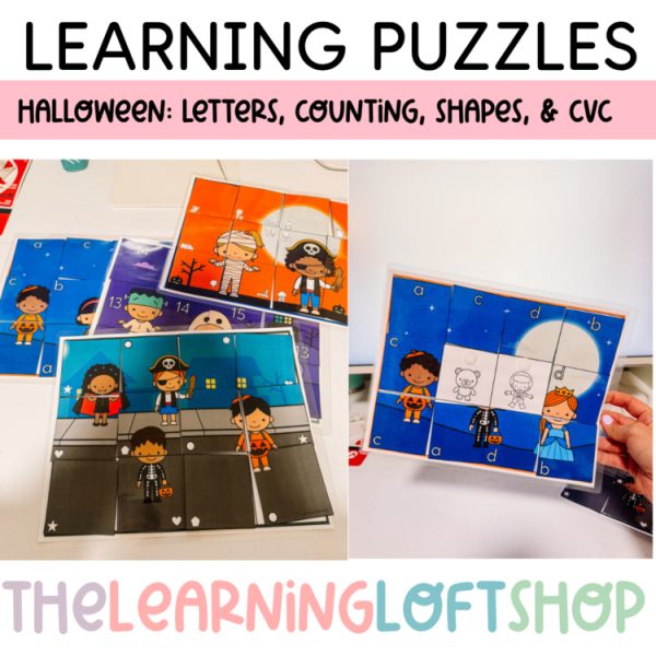 Halloween Themed Learning Puzzles, Letter Sounds, Numbers, Shapes, and CVC