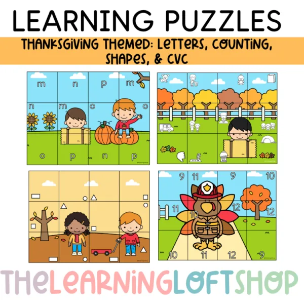 November Themed Learning Puzzles, Letter Sounds, Numbers, Shapes, and CVC