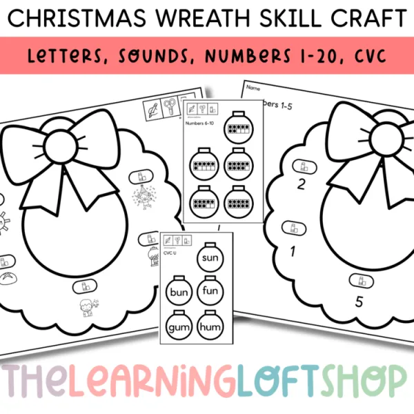 Christmas Wreath Craft | CVC words, Numbers 1-20, Letters, Letter Sounds