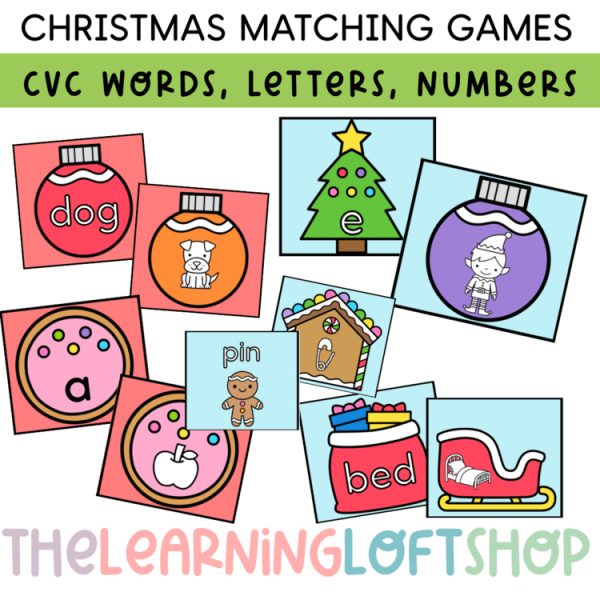 Christmas Themed Matching Game | CVC words | Letters + Sounds | Numbers 1-20