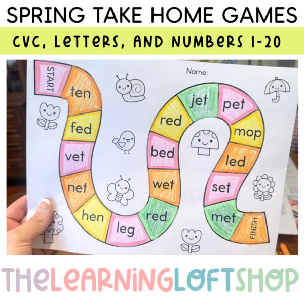Spring Take Home Learning Games | CVC words, Letters, Numbers 1-20
