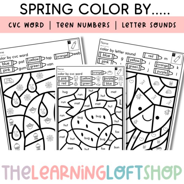 April / Spring Color By…. CVC Word | Teen Numbers | Letter Sounds