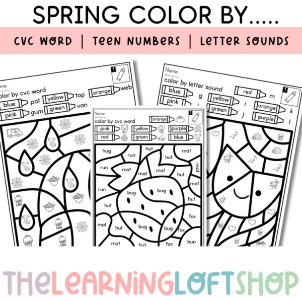 April / Spring Color By…. CVC Word | Teen Numbers | Letter Sounds