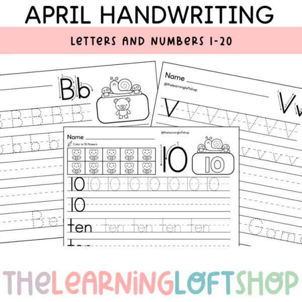 April & Spring Handwriting Practice Letters and Numbers (1-20)