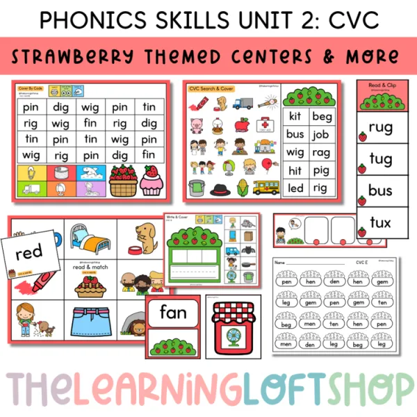Phonics Skills Unit 2: Themed CVC Activities & Centers: Strawberry (SOR Centers)