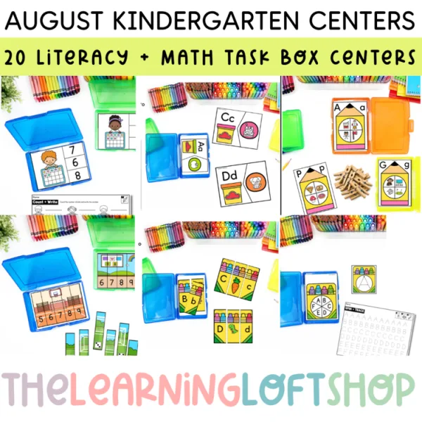 August Kindergarten Task Box Centers | Literacy + Math | 20 Centers