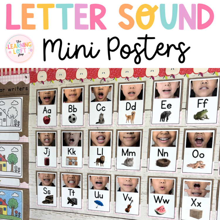 Letter sound mini posters with real pictures and mouth formation photos on a classroom wall