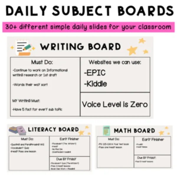 Simple Subject Boards *Slides (Literacy Boards, Math Boards, Writing Boards ect)