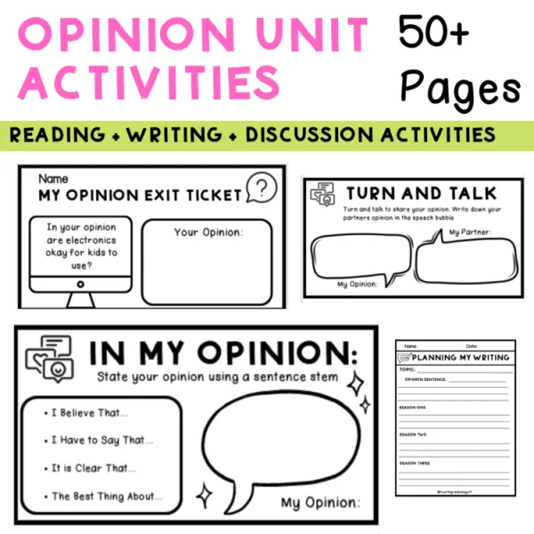 Opinion Unit Activities (Printable) for Reading, Writing, Discussions NO PREP!