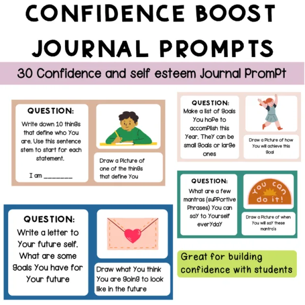 Simple Self Confidence Building Writing Journal Prompts for Students