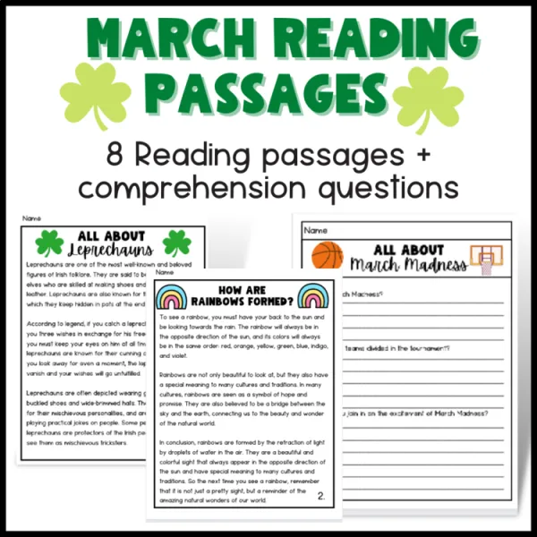 March Reading Passages and Comprehension Questions | Upper Elem.