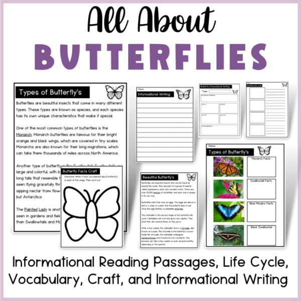 All About Butterflies | Informational reading, writing, activities, + craft