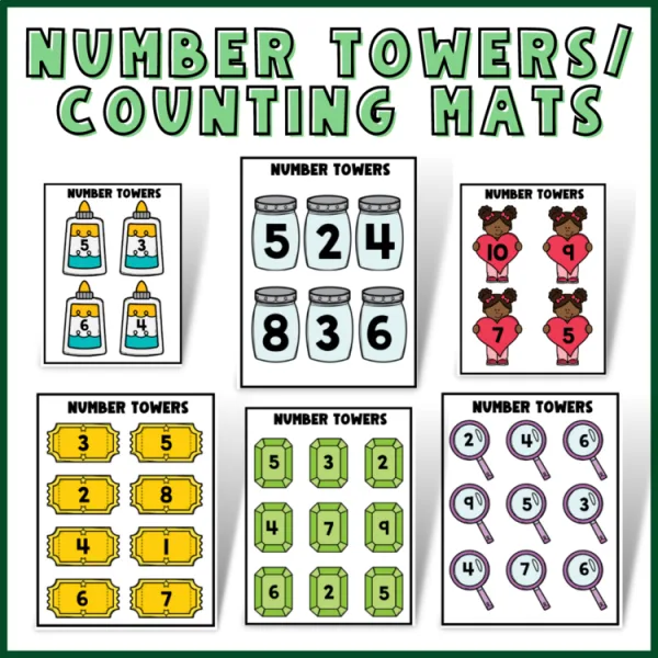 Kindergarten math | counting activity and center | Number Towers Stacking Mats